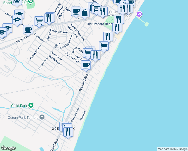 map of restaurants, bars, coffee shops, grocery stores, and more near 5 Union Avenue in Old Orchard Beach