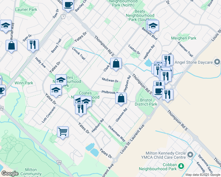 map of restaurants, bars, coffee shops, grocery stores, and more near 928 Philbrook Drive in Milton