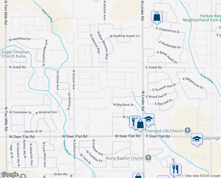 map of restaurants, bars, coffee shops, grocery stores, and more near 408 West Wood Owl Drive in Kuna