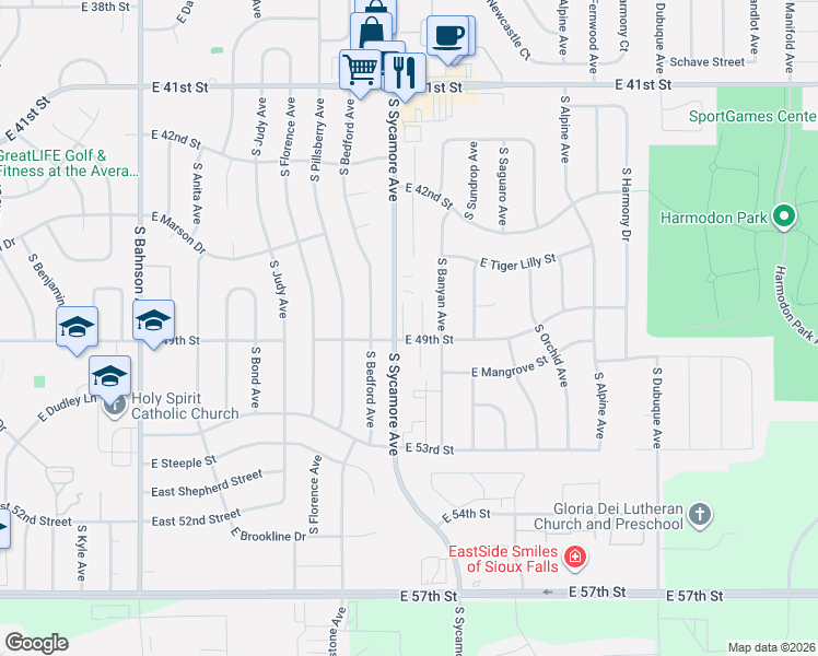 map of restaurants, bars, coffee shops, grocery stores, and more near 4560 East 49th Street in Sioux Falls