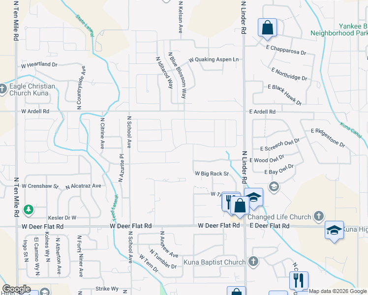 map of restaurants, bars, coffee shops, grocery stores, and more near 415 West Screech Owl Drive in Kuna
