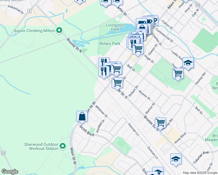 map of restaurants, bars, coffee shops, grocery stores, and more near 20 Main Street West in Milton