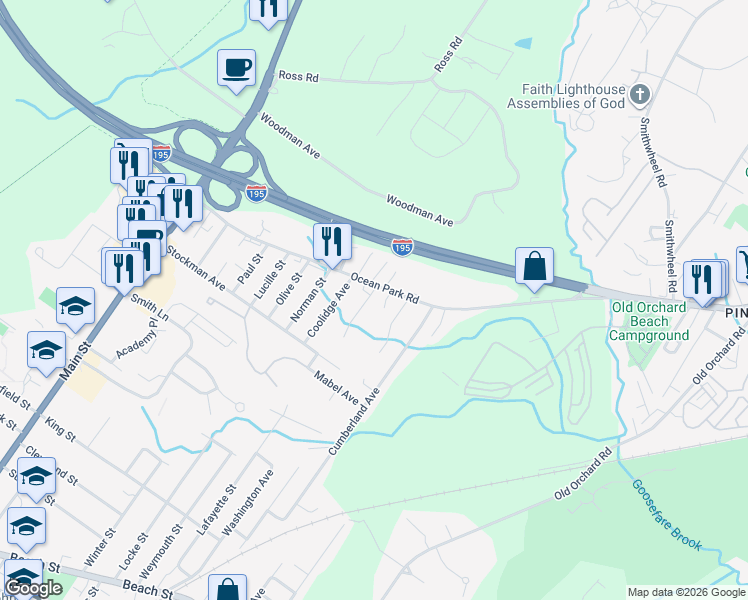 map of restaurants, bars, coffee shops, grocery stores, and more near 51 Ocean Park Road in Saco