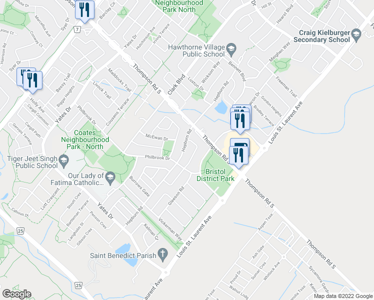map of restaurants, bars, coffee shops, grocery stores, and more near 918 Hepburn Road in Milton