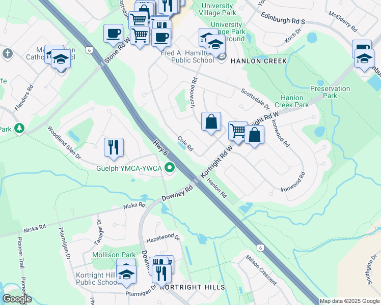 map of restaurants, bars, coffee shops, grocery stores, and more near 319 Cole Road in Guelph