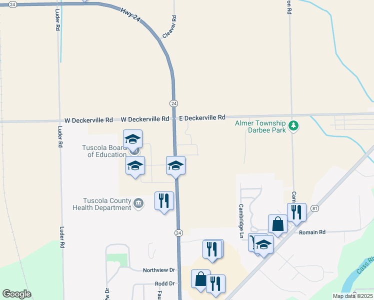 map of restaurants, bars, coffee shops, grocery stores, and more near 1418-1440 Cleaver Road in Caro