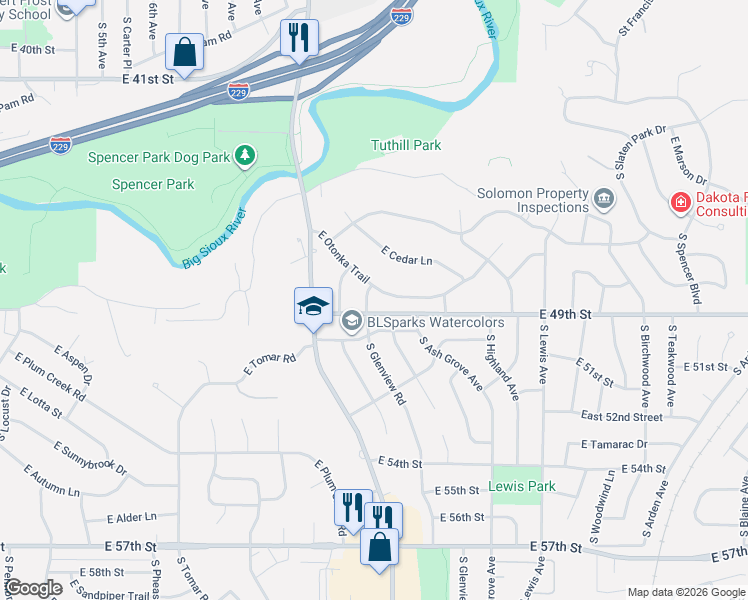 map of restaurants, bars, coffee shops, grocery stores, and more near 1501-1599 East 49th Street in Sioux Falls