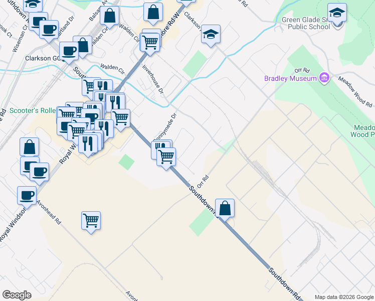 map of restaurants, bars, coffee shops, grocery stores, and more near 1877 Silverberry Crescent in Mississauga