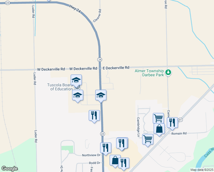 map of restaurants, bars, coffee shops, grocery stores, and more near Cleaver Road in Caro