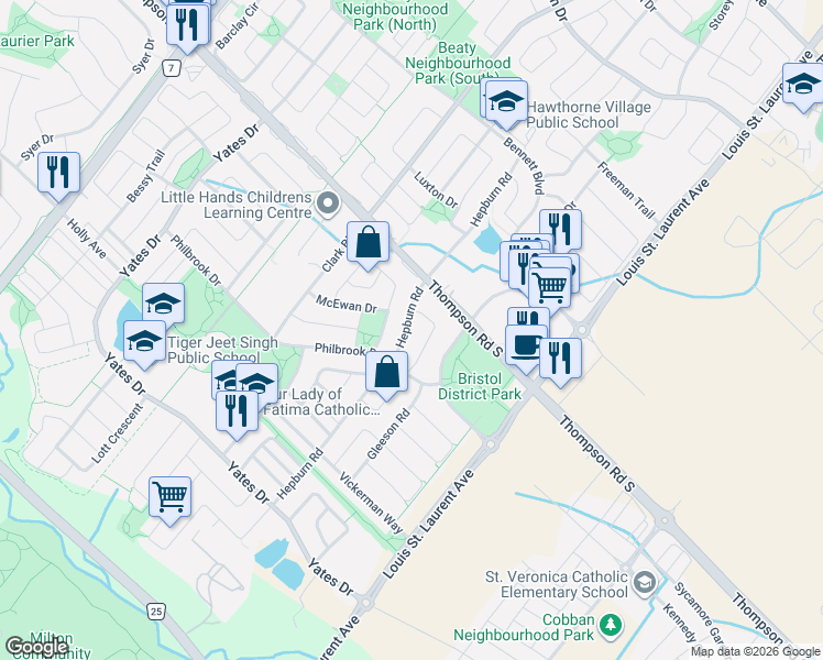 map of restaurants, bars, coffee shops, grocery stores, and more near 922 Hepburn Road in Milton