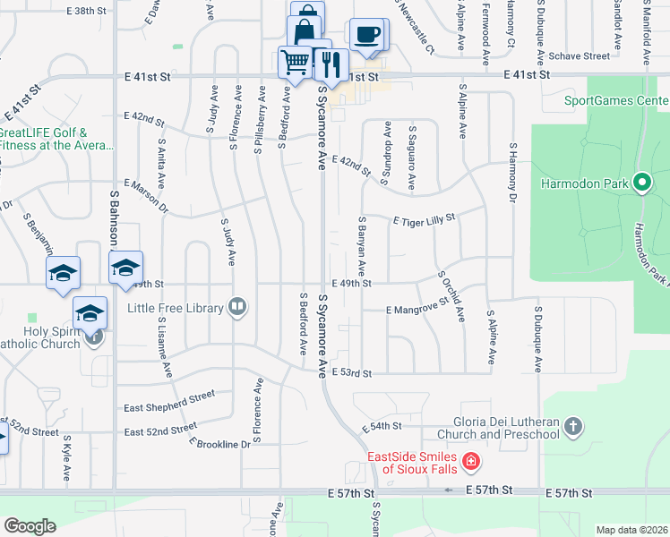 map of restaurants, bars, coffee shops, grocery stores, and more near 4560 East 49th Street in Sioux Falls