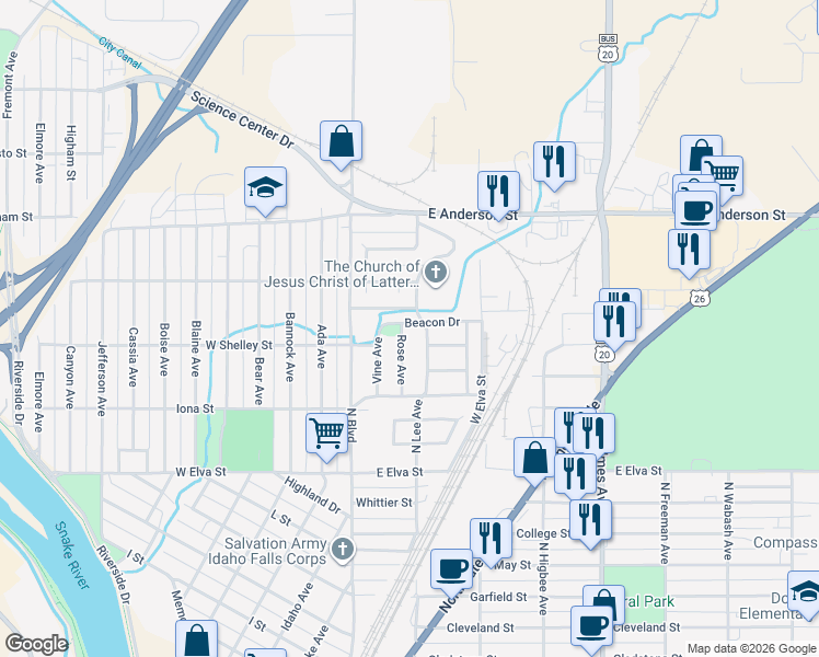 map of restaurants, bars, coffee shops, grocery stores, and more near 1057 Rose Avenue in Idaho Falls