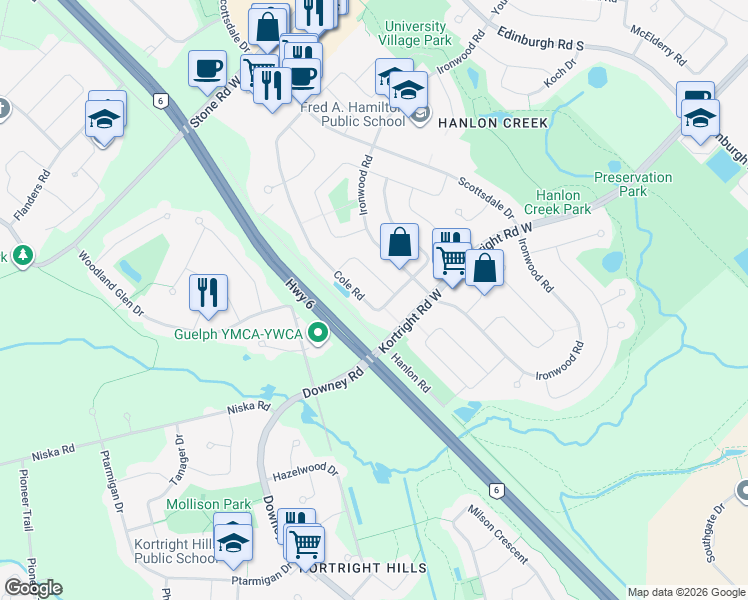 map of restaurants, bars, coffee shops, grocery stores, and more near 329 Cole Road in Guelph