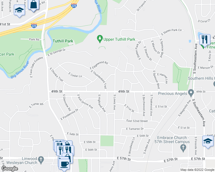 map of restaurants, bars, coffee shops, grocery stores, and more near 4008 South Thunderbird Trail in Sioux Falls