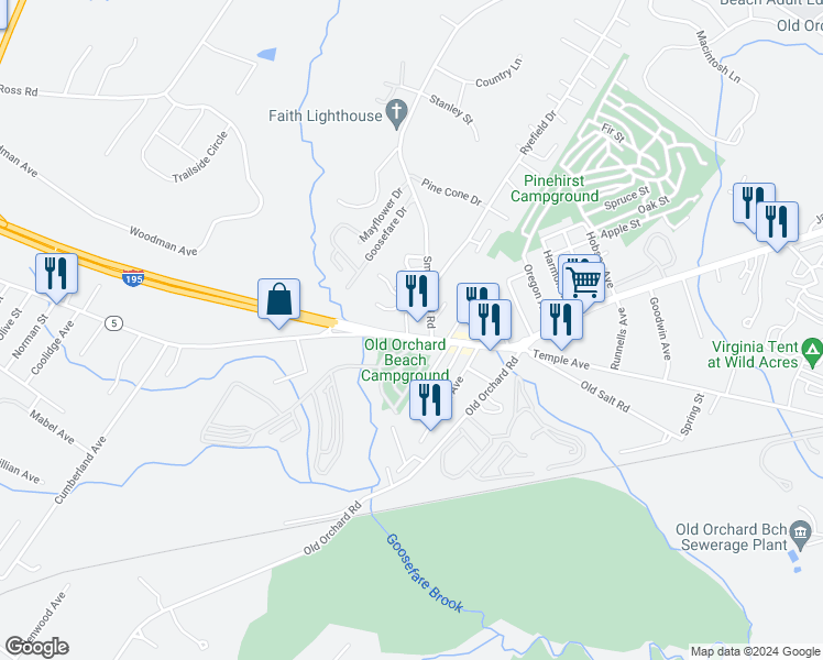 map of restaurants, bars, coffee shops, grocery stores, and more near 14A Ocean Park Road in Old Orchard Beach