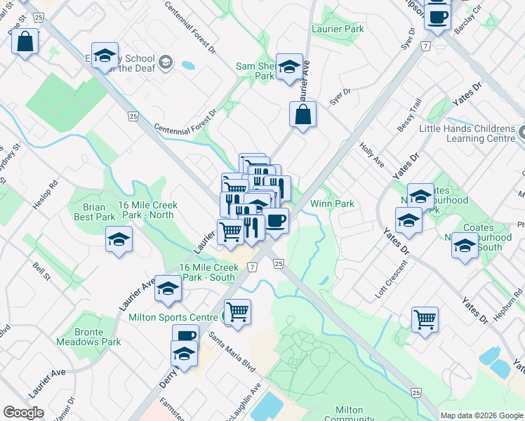 map of restaurants, bars, coffee shops, grocery stores, and more near 500 Laurier Avenue in Milton
