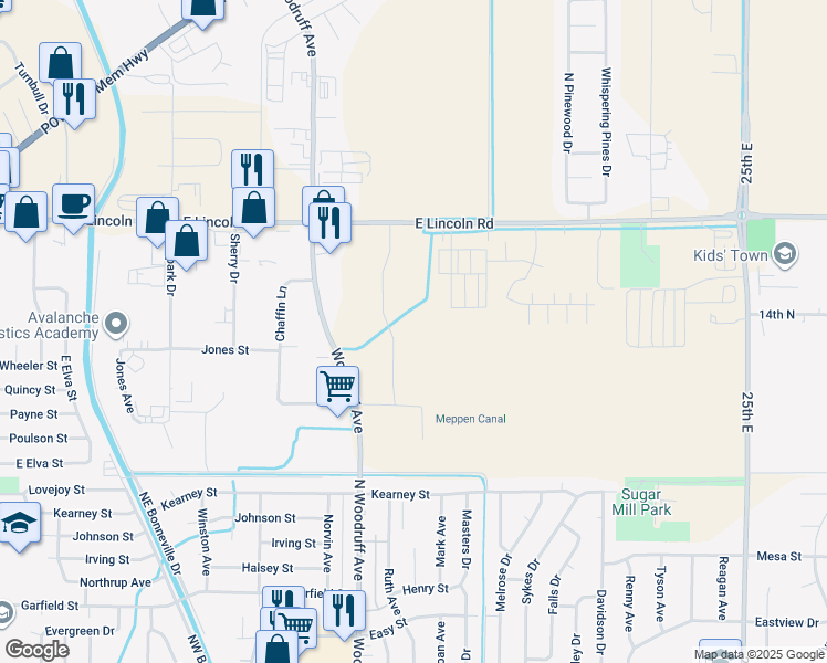 map of restaurants, bars, coffee shops, grocery stores, and more near 1175 North Woodruff Avenue in Idaho Falls