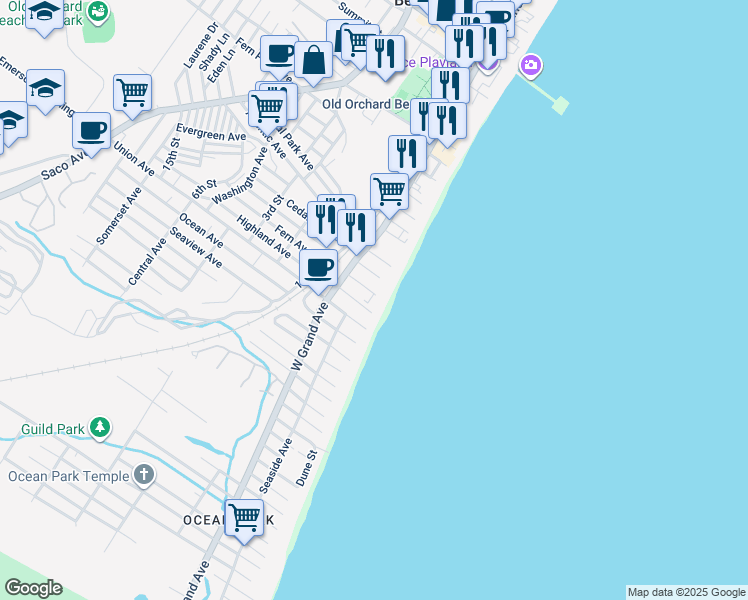 map of restaurants, bars, coffee shops, grocery stores, and more near 1 Pearl Avenue in Old Orchard Beach