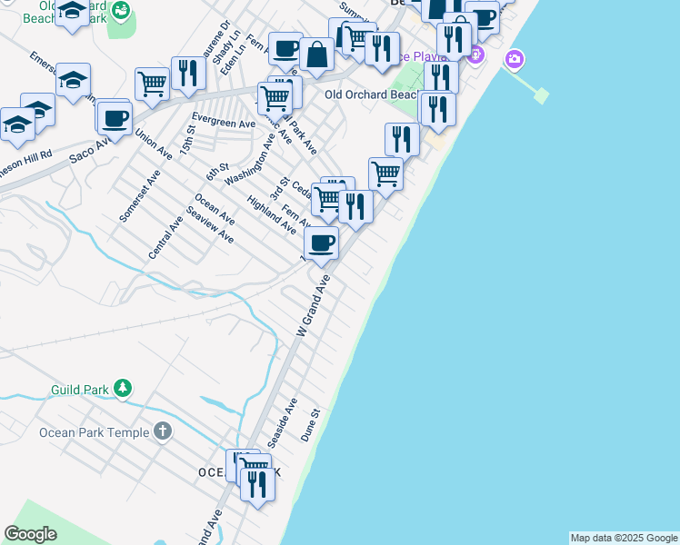 map of restaurants, bars, coffee shops, grocery stores, and more near 5 Union Avenue in Old Orchard Beach