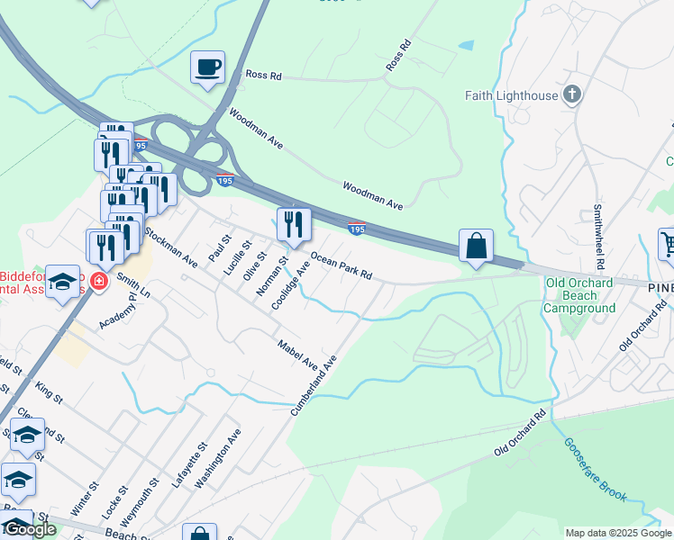 map of restaurants, bars, coffee shops, grocery stores, and more near 51 Ocean Park Road in Saco
