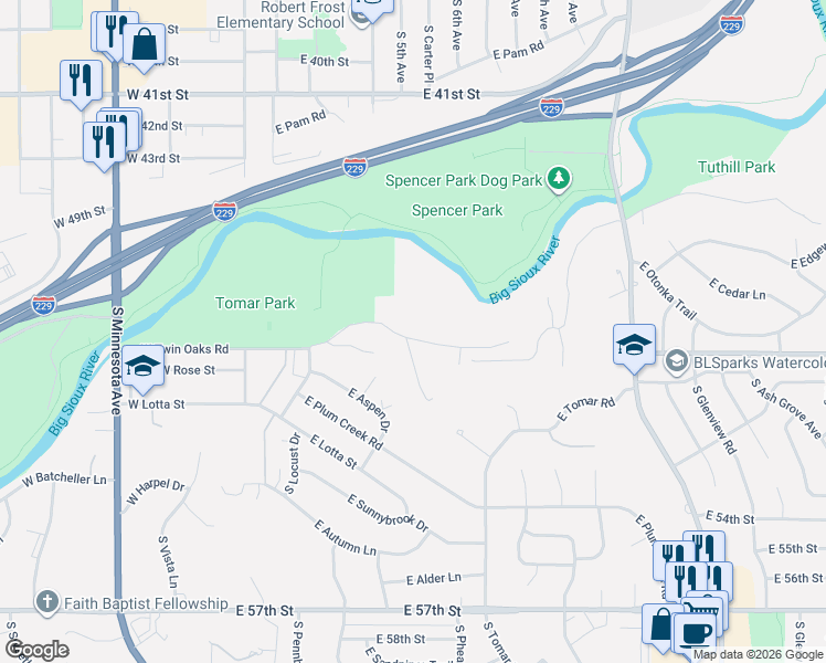 map of restaurants, bars, coffee shops, grocery stores, and more near 221-699 East Twin Oaks Road in Sioux Falls