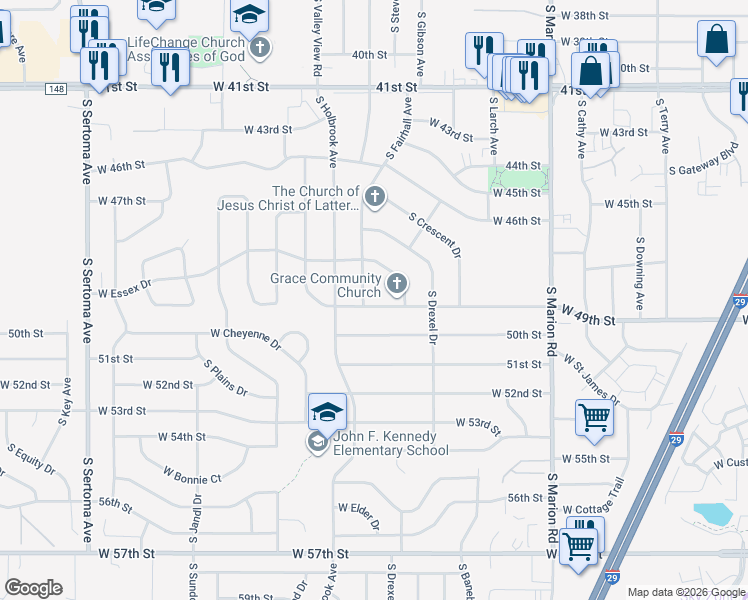 map of restaurants, bars, coffee shops, grocery stores, and more near 5700-5998 West 50th Street in Sioux Falls