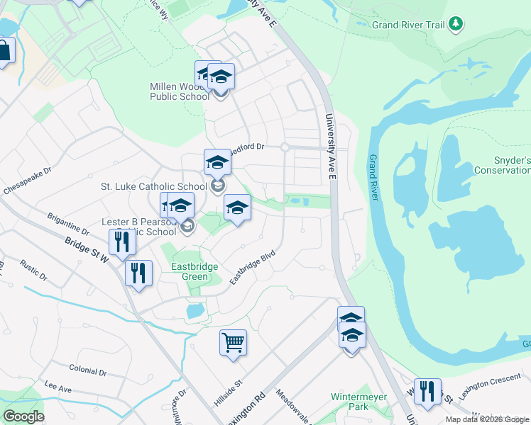 map of restaurants, bars, coffee shops, grocery stores, and more near 585 Canso Place in Waterloo