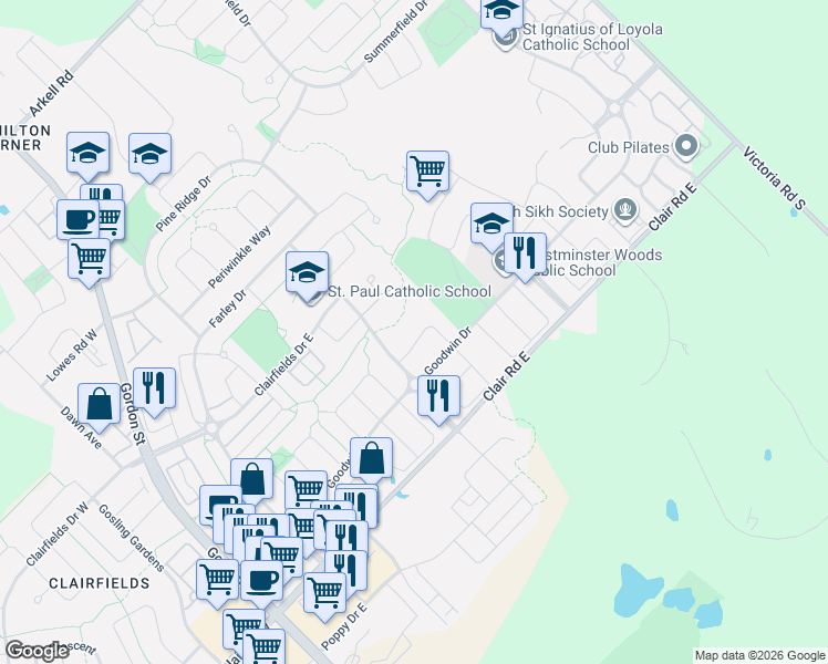 map of restaurants, bars, coffee shops, grocery stores, and more near 46 McArthur Drive in Guelph