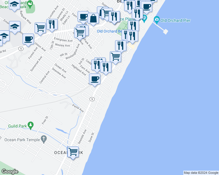 map of restaurants, bars, coffee shops, grocery stores, and more near 12 Bay Avenue in Old Orchard Beach
