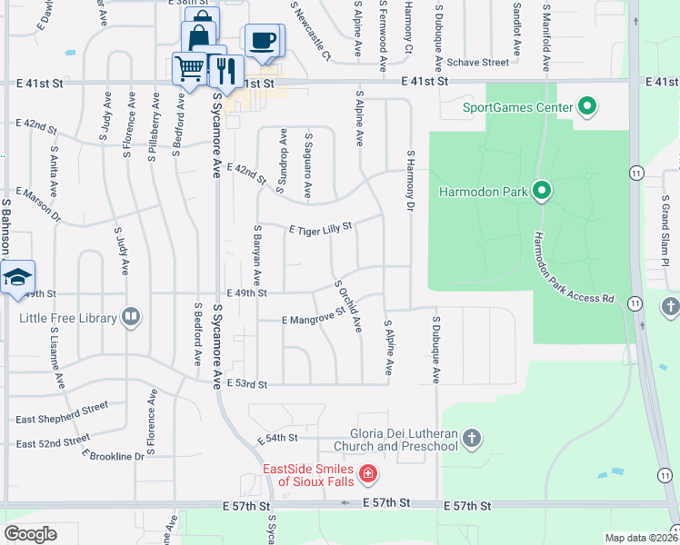 map of restaurants, bars, coffee shops, grocery stores, and more near South Orchid Avenue in Sioux Falls