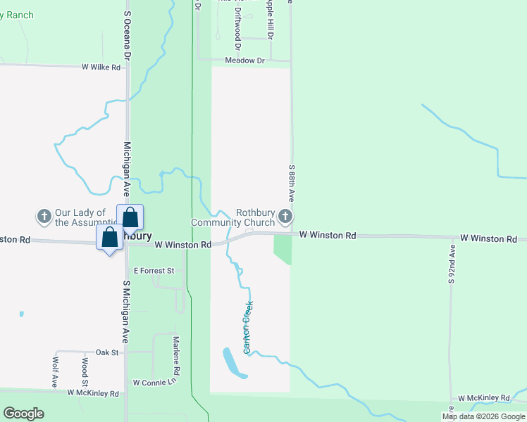 map of restaurants, bars, coffee shops, grocery stores, and more near 2510 West Winston Road in Rothbury