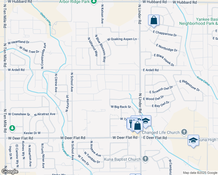 map of restaurants, bars, coffee shops, grocery stores, and more near 323 West Striped Owl Street in Kuna