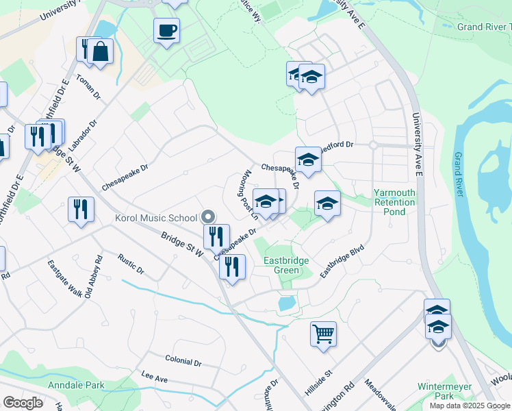 map of restaurants, bars, coffee shops, grocery stores, and more near 486 Sandy Cove Crescent in Waterloo