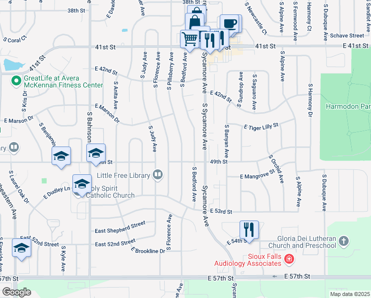 map of restaurants, bars, coffee shops, grocery stores, and more near S Pillsberry Ave in Sioux Falls