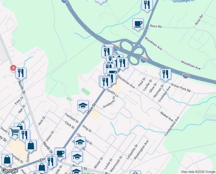 map of restaurants, bars, coffee shops, grocery stores, and more near 506 Main Street in Saco