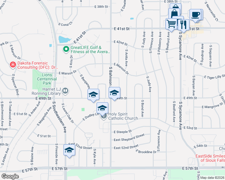 map of restaurants, bars, coffee shops, grocery stores, and more near 3721 East Fox Run Place in Sioux Falls