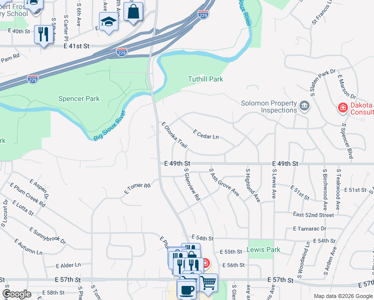 map of restaurants, bars, coffee shops, grocery stores, and more near 4001 South Glenview Road in Sioux Falls