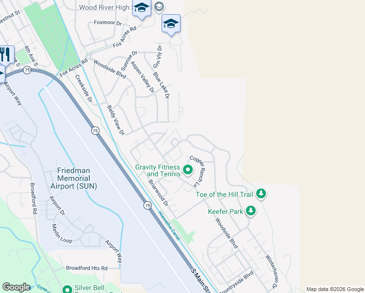 map of restaurants, bars, coffee shops, grocery stores, and more near Laurelwood Drive in Hailey