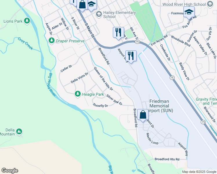 map of restaurants, bars, coffee shops, grocery stores, and more near 1197 Queen of the Hills Drive in Hailey