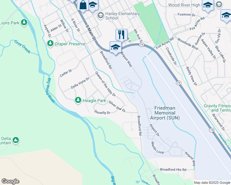 map of restaurants, bars, coffee shops, grocery stores, and more near Galaxy Lane in Hailey