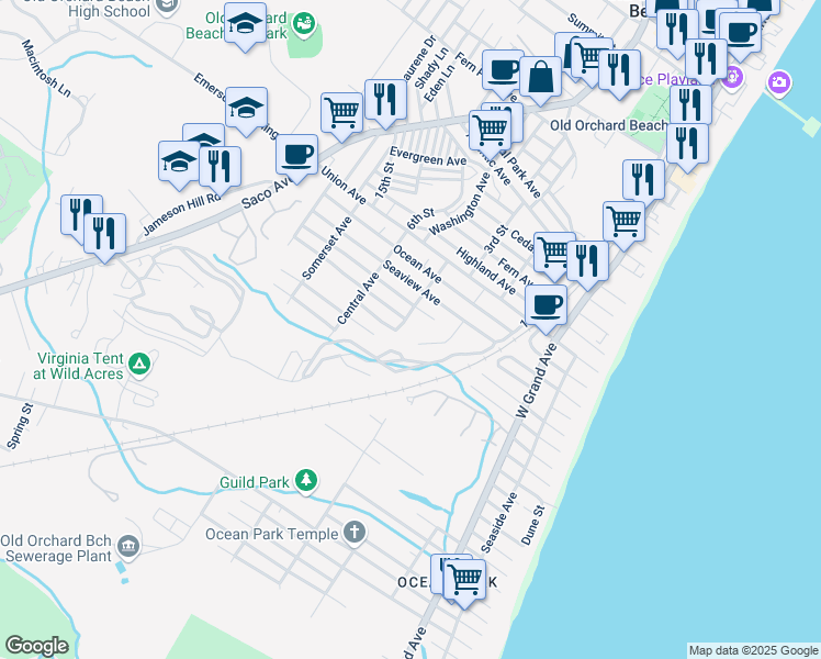 map of restaurants, bars, coffee shops, grocery stores, and more near 7 Lake Avenue in Old Orchard Beach