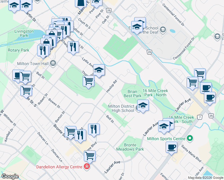 map of restaurants, bars, coffee shops, grocery stores, and more near 272 Heslop Road in Milton