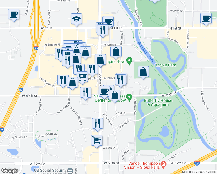 map of restaurants, bars, coffee shops, grocery stores, and more near 4004 South Louise Avenue in Sioux Falls