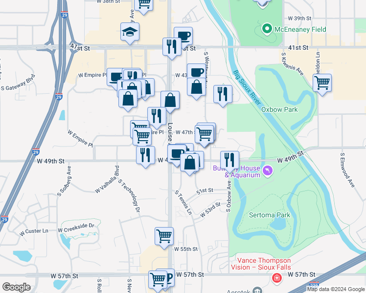map of restaurants, bars, coffee shops, grocery stores, and more near 4004 South Louise Avenue in Sioux Falls