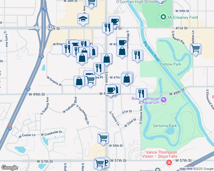 map of restaurants, bars, coffee shops, grocery stores, and more near 4100 South Louise Avenue in Sioux Falls