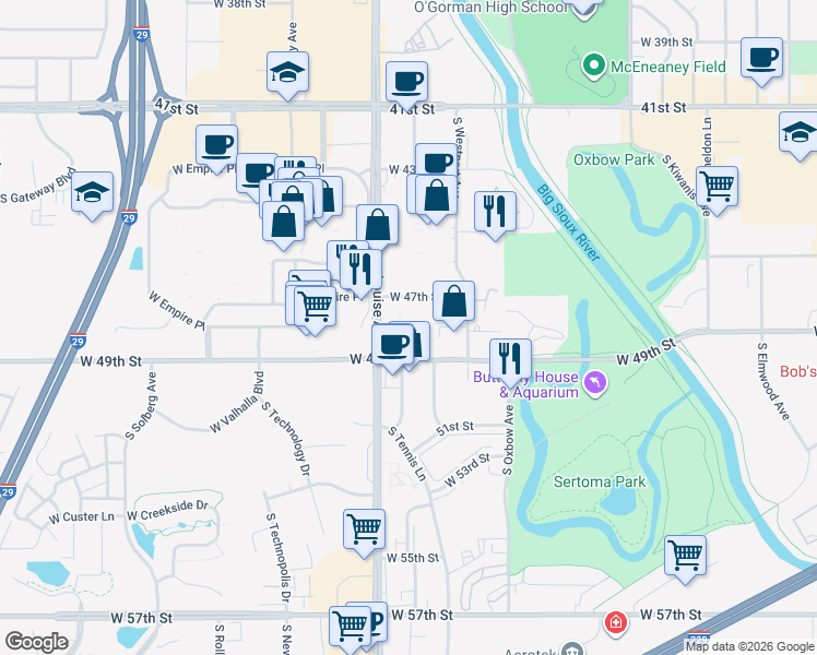 map of restaurants, bars, coffee shops, grocery stores, and more near 4004 South Louise Avenue in Sioux Falls