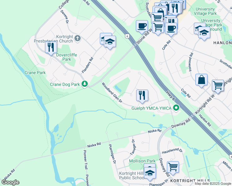 map of restaurants, bars, coffee shops, grocery stores, and more near 24 Woodland Glen Drive in Guelph