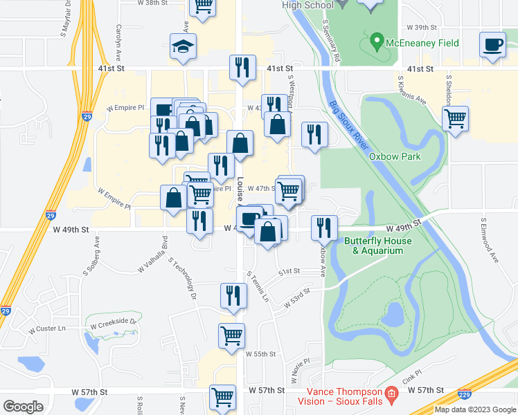 map of restaurants, bars, coffee shops, grocery stores, and more near 4104 South Louise Avenue in Sioux Falls