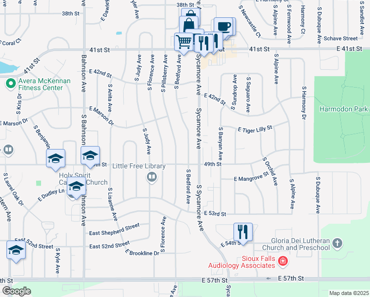 map of restaurants, bars, coffee shops, grocery stores, and more near 3909 South Bedford Avenue in Sioux Falls