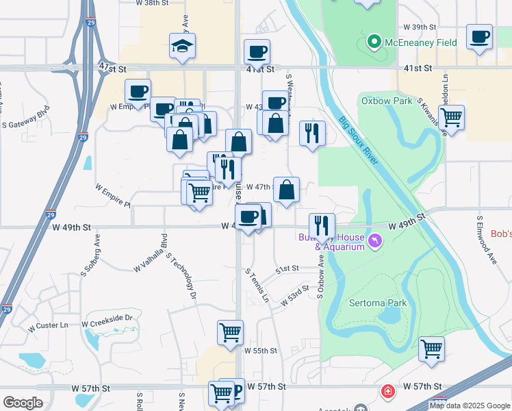 map of restaurants, bars, coffee shops, grocery stores, and more near 4008 South Louise Avenue in Sioux Falls
